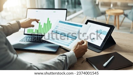 Hands, laptop and chart with paper for business man, analysis or check progress of economy, investment or profit. Financial agent, pc and reading graph for data document, growth or numbers for future Royalty-Free Stock Photo #2374001545