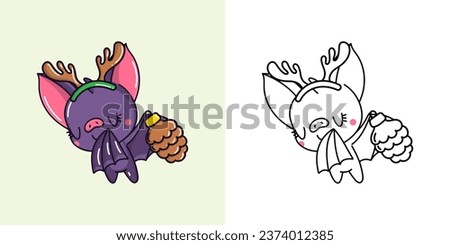 New Year Kawaii Bat for Coloring Page and Illustration. Adorable Clip Art Christmas Animal. Happy Vector Illustration of a Kawaii Animal for Christmas Stickers. 
