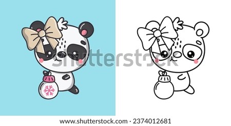 New Year Kawaii Panda for Coloring Page and Illustration. Adorable Clip Art Christmas Bear. Happy Vector Illustration of a Kawaii Animal for Christmas Stickers. 