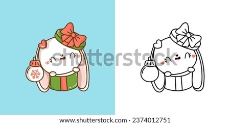 Clipart Christmas Rabbit Multicolored and Black and White. Cute Clip Art New Year Hare. Cute Vector Illustration of a Kawaii Bunny for Xmas Stickers. 