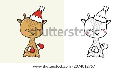 Cute Christmas Giraffe Illustration and For Coloring Page. Cartoon Stickers New Year African Animal. Beautiful Vector Illustration of Kawaii Animal for Xmas Stickers. 