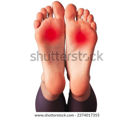Plantar fasciitis is a common and painful condition that affects the feet.  Symptoms of plantar fasciitis include sharp heel pain, especially upon taking the first steps in the morning. Royalty-Free Stock Photo #2374017355