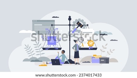 Legal AI and artificial intelligence for justice system tiny person concept. Use technology for effective courthouse work automation vector illustration. Law and crime research with tech research. Royalty-Free Stock Photo #2374017433
