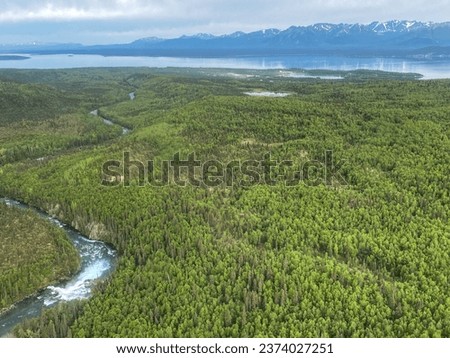 Lake Clark National Park in Alaska. Tanalian Falls and river. Aerial view of spruce trees, rugged mountains and popular day hike area near Port Alsworth and Hardenburg Bay. Royalty-Free Stock Photo #2374027251