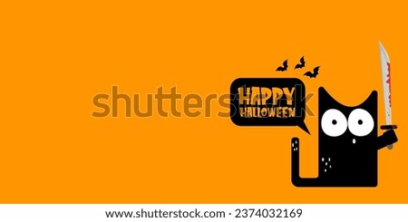 Happy halloween greeting card or banner with Black cat holding bloody knife isolated on orange background. Funny Halloween black cat holding a bloody knife . Halloween vector design template