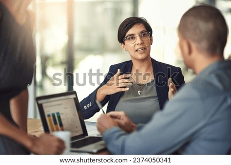 Laptop screen, graphs and business woman for data analysis meeting, financial report or b2b advice for revenue. Increase, accounting stats or finance sales of accountant people or clients on computer Royalty-Free Stock Photo #2374050341