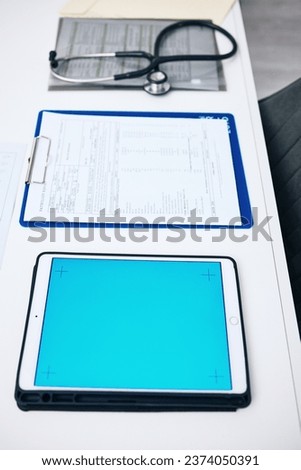 Tablet mockup, screen and hospital desk, healthcare background and documents for medical services. Digital technology, blue space and paperwork with empty clinic for registration, report or charts