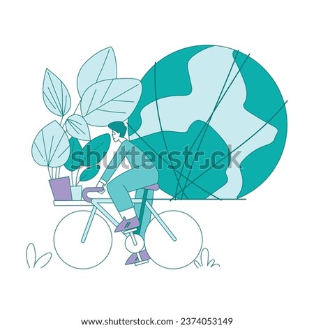Eco-friendly Life with Man Ride Bicycle Carry Houseplant and Globe Save Planet Vector Illustration