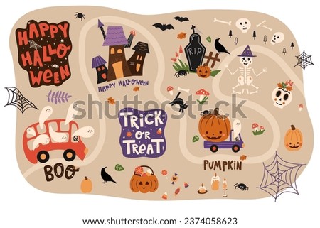Cute Halloween elements and lettering set. Ready vector happy pumpkin, truck, creepy ghost in bus, skeleton, haunted house, gravestone. October holiday stickers, symbols bundle. Isolated illustrations