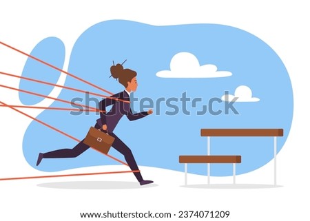 Career obstacle for businesswoman, inequality and sexism vector illustration. Cartoon female employee running towards barrier with perseverance to jump, difficulty of overcoming barricade for woman Royalty-Free Stock Photo #2374071209