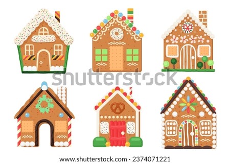 Vector illustration of gingerbread houses. Cartoon baked town buildings with candy, sugar icing snowflakes, and chocolate decorations on windows and doors. Royalty-Free Stock Photo #2374071221