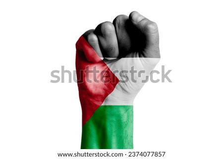 Man hand fist of STATE OF PALESTINE flag painted