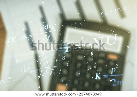 Abstract scientific formula hologram on calculator background. Multiexposure