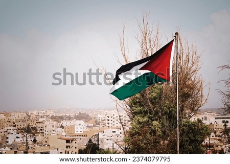 the flag of Palestine on the mountain on the background of the houses in the city. Middle Eastern architecture. Royalty-Free Stock Photo #2374079795