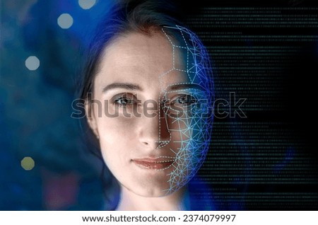 Portrait of a woman symbolically turning into virtual human, virtual character, or digital clone, using computer-generated from the real persona. AI artificial intelligence. Royalty-Free Stock Photo #2374079997