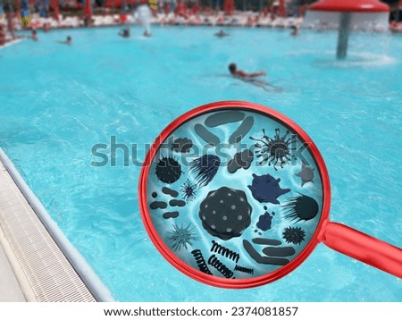 Magnifying lens with simulated germs, viruses, bacteria, coli. Risk of infection in a public swimming pool concept. Royalty-Free Stock Photo #2374081857
