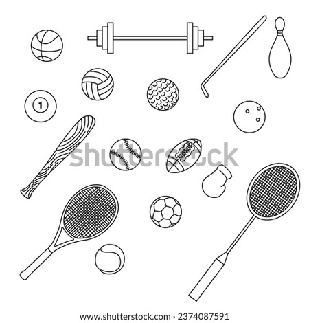 set of sport equipment in outline style. 