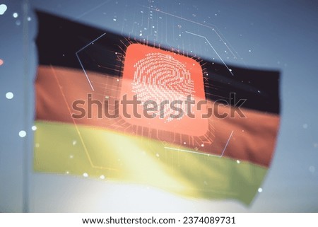 Double exposure of virtual creative fingerprint hologram on flag of Germany and blue sky background, protection of personal information concept
