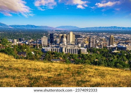 Salt Lake City skyline with Utah State Capitol. The capitol is the main building of the Utah State Capitol Complex, which is located on Capitol Hill.