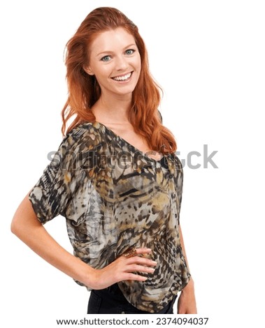 Woman, smile or fashion in studio casual trendy, confident style or happy. Female person, portrait or cool clothes on white background for pride outfit, good mood or unique look in Canada as mockup