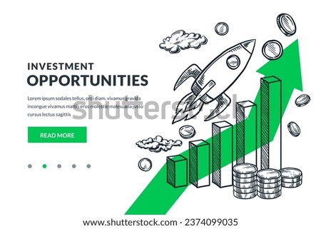 Rocket, money, stock market statistics chart. Investment, trade, finance growth concept. Hand drawn vector sketch illustration. Poster banner design template for business startup technologies