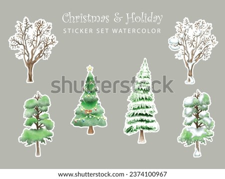 cute christmas scene with winter town and characters watercolor sticker set