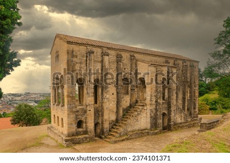 A rectangular pre-Romanesque church of Santa Maria del Naranco in Oviedo, Spain.