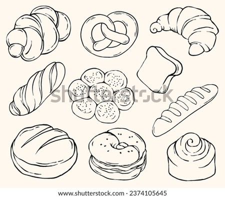 Baked Bread Hand-drawn Illustration Set: French Bread, Bagel, German Pretzel, Cinnamon Roll, Challah Bread, Country Loaf, Japanese Milk Toast, Croissant, Vienna Bread, Artisan Loaves Royalty-Free Stock Photo #2374105645