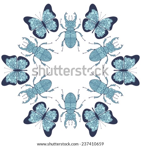 background design with stylized stag beetles and butterflies, blue ornament