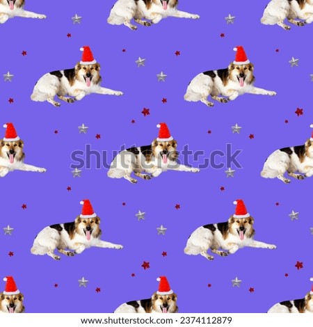 Repeated pattern of adorable Christmas dog on a purple background