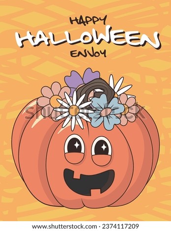 Vintage groovy halloween poster with pumpkin on abstract background. Vector illustations in psychedelic hippie 70s style for greeting card.	