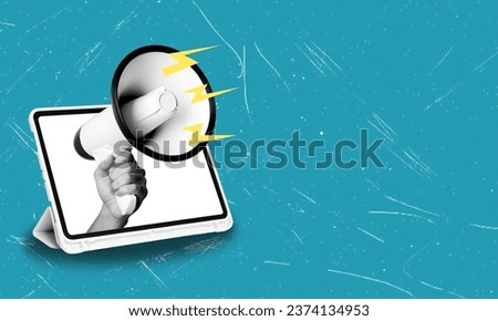 Contemporary art collage of hands sticking out of a tablet screen with a megaphone, isolated on a blue background. Concept of online communication, news, information. A place for ad copy Royalty-Free Stock Photo #2374134953
