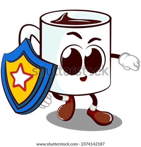 vector mascot character of a cute mug carrying a strong shield symbolizing a star