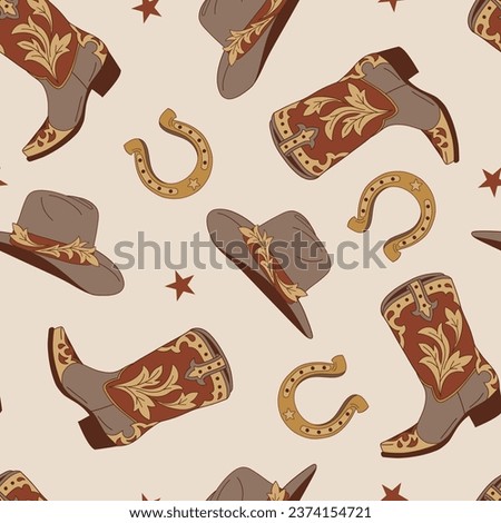 Howdy western cowboy cowgirl accessories retro boots hat lucky horse shoe vector seamless pattern. Groovy wild west background.