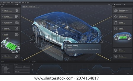 3D futuristic animation of professional program for car diagnostic with 3D virtual electric vehicle prototype displayed on digital tablet computer screen. Concept of modern car developing technology.