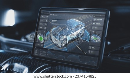 3D render of graphical user interface of professional software for eco-friendly car developing. Program for car diagnostic or testing with 3D virtual electric vehicle prototype. Computer screen view. Royalty-Free Stock Photo #2374154825