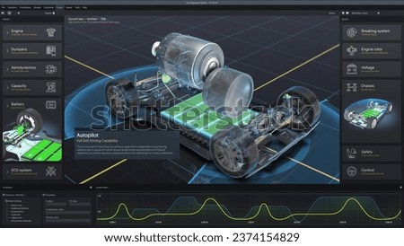 3D graphical user interface visualization of professional software for eco-friendly car developing. App for car diagnostics or testing with virtual electric vehicle model. View from computer screen.