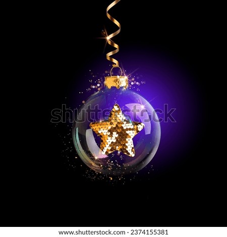 Christmas transparent ball with a gold star and sparkles on a black background. Abstract luxury background with New Year gold decor