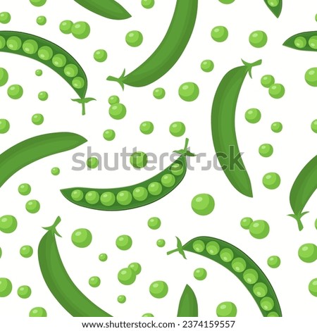 Vector Seamless Pattern with Flat Cartoon Green Peas. Fresh Cartoon Organic Vegetables Isolated on a White Background. Pods of Green Peas. Vector Illustration Royalty-Free Stock Photo #2374159557