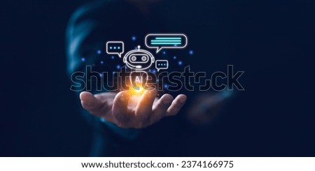 Ai chatbot, artificial intelligence tech chatbot, automated robot assistant technology, businessman use phone chat message to AI bot chat for generated data,robot application, conversation assistant. Royalty-Free Stock Photo #2374166975