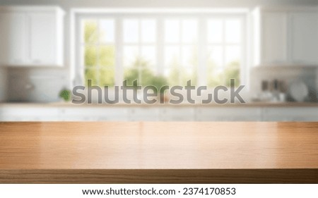 empty brown wooden counter for product display on blurred white home kitchen interior background