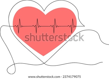 Heart one continuous line drawing. Electrocardiogram. Icon with ecg heart pulse line. Heartbeat. Line art. Single line. Red heart. Logo icon concept. Vector illustration.