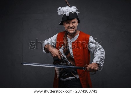 A menacing pirate with a gray beard dressed in white attire and a red vest, holding a musket and sword, preparing for combat against a textured backdrop
