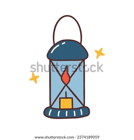 Blue Scandinavian lantern with burning candle and stars, portable. Colorful vector isolated illustration hand drawn doodle. Cozy flashlight single vintage element for home