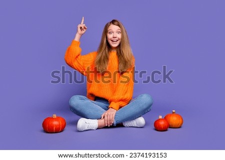 Full body photo of smart teen girl pointing finger up genius idea create discotheque halloween concept isolated on violet color background