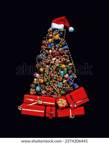 merry Christmas and happy new year greeting card background  colored acorns as  Christmas tree and presents gifts 