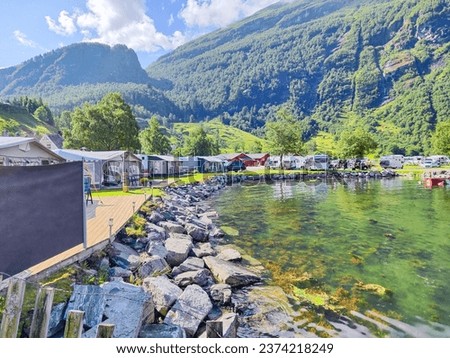 Landscape view to fjord and blue sky in background Skjoden (Sognefjord), Norway Royalty-Free Stock Photo #2374218249