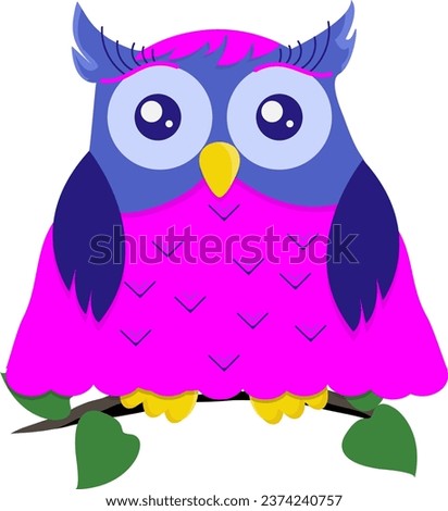 Cute colorful blue owl in dress sits on a tree branch. One from the collection for kids. Vector illustration	