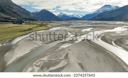 Aerial drone photography of the braided Dart river near Glenorchy in Mount Aspiring national park