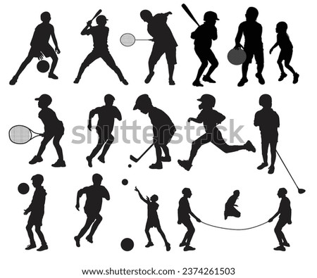 Set of children silhouettes playing outdoor. Kids Playing Vector Bundle.